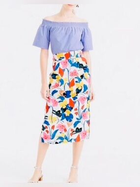 J. Crew White Floral linen Midi Pencil Skirt with colorful floral print